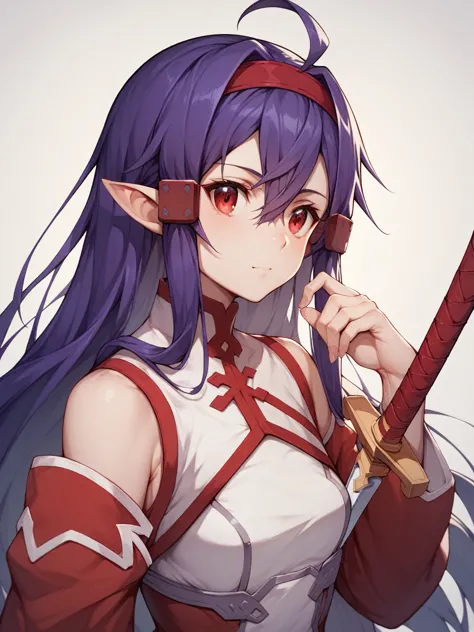 sword art online,yuki konno,parting the bangs,dark purple hair, long hair, ahoge, red eyes, pointy ears,red hairband,