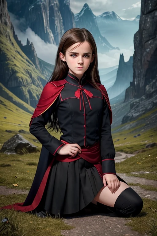 Emma Watson, 9-year-old vampire child, blue eyes and long black hair down to the waist, black and red uniform, master part, best qualityer, skirt short, blonde with green eyes, kneeling, master part, godlike quality, highy detailed, fantasy scenery, highly realistic, position posing in front of photos. sequential shots