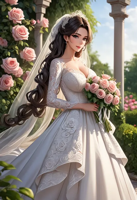 ((masterpiece, best quality, highly dramatic picture, cinematic lens effect,(modest wedding dress (very long dress,rose bouquet,...