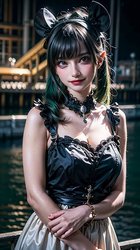 one girl, alone, hair ornaments, green hair, twin tails, long hair, dress, water,, mid shot portrait photography (farzan) from g...