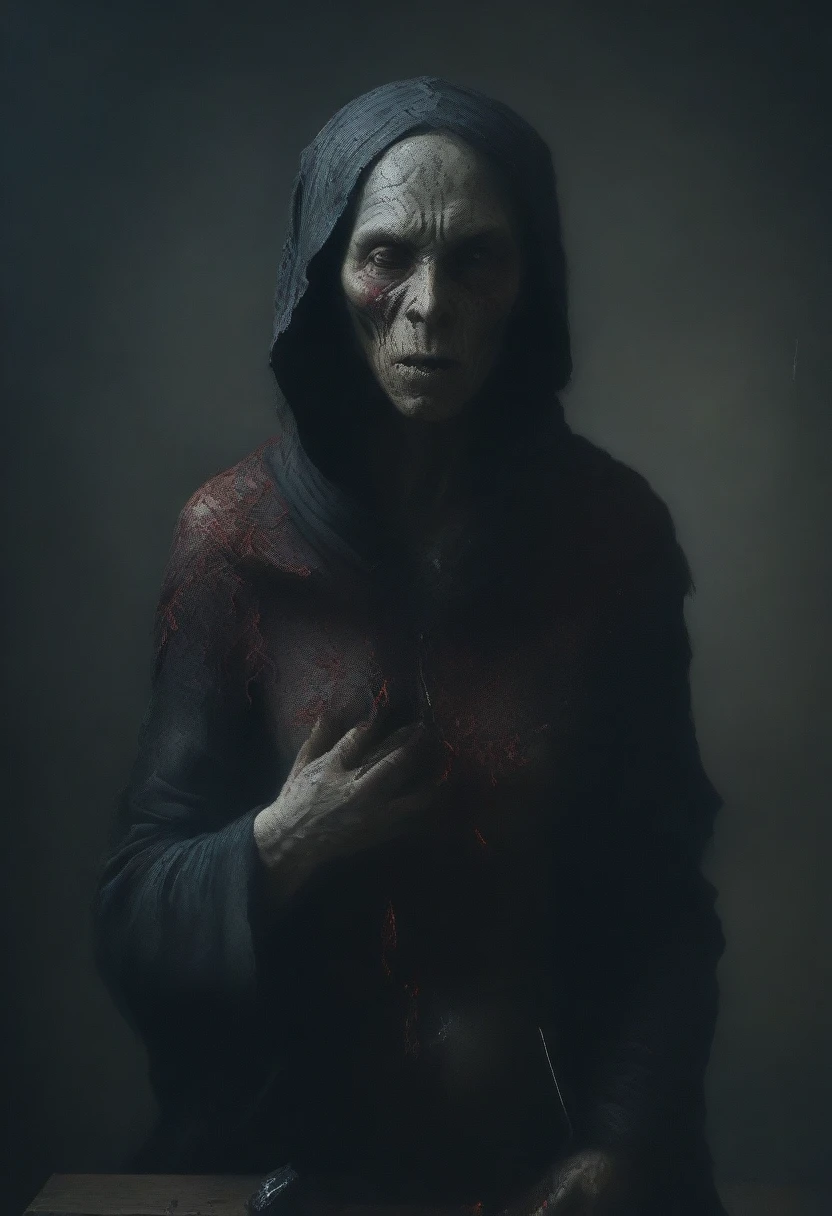 a beautifully detailed oil painting of a melancholic, morbid scene, in the style of Denis Forkas and Nicola Samori, with a vamera obscura veiled soul, highly realistic, photorealistic, 8k, hyperdetailed, cinematic lighting, dramatic chiaroscuro, somber color palette, intricate textures, masterful brushwork, surreal and dreamlike atmosphere, dark atmosphere, epic composition, red melting, scratches textures, wrinkles paper, splattered ink