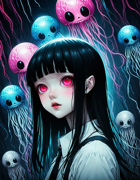 surreal horror, anime style, directed by junji ito, high contrast, vivid colors, eerie atmosphere, psychological tension, intric...