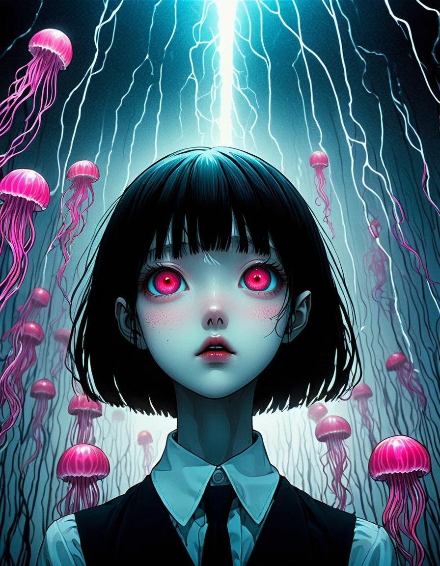 surreal horror, anime style, directed by Junji Ito, high contrast, vivid colors, eerie atmosphere, psychological tension, intricate line work, decapitated heads,electric jellyfish