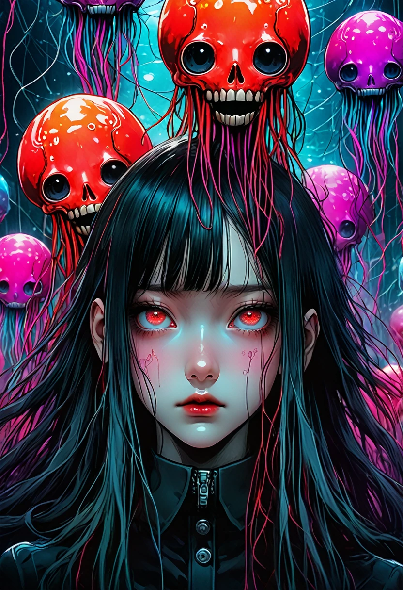 surreal horror, anime style, directed by Junji Ito, high contrast, vivid colors, eerie atmosphere, psychological tension, intricate line work, decapitated heads,electric jellyfish