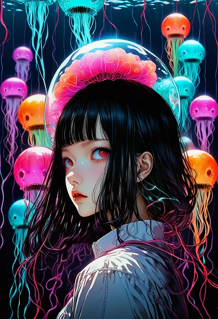 surreal horror, anime style, directed by Junji Ito, high contrast, vivid colors, eerie atmosphere, psychological tension, intricate line work, decapitated heads,electric jellyfish