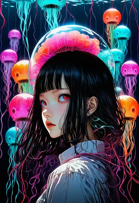 surreal horror, anime style, directed by junji ito, high contrast, vivid colors, eerie atmosphere, psychological tension, intric...