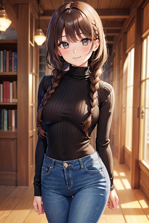 
最high quality、High resolution, masterpiece, high quality, 最high quality, beautiful, Perfect lighting, very cute,
 alone, ((Tight turtleneck rib knit))((Denim pants)), ,
  ((Mid-chest)), Wide Hips,  blush, smile, View your audience, , library, Place your arms behind your back,

Yuno Shimazu、Shiny brown hair,Long Hair,  Hair that falls over the shoulders、(( Braid、	,)),Beautiful brown eyes、Sparkling eyes, Fine grain、smile、Ultra-detailed eyes、Highly detailed face, Highly detailed eyes,Cowboy Shot、