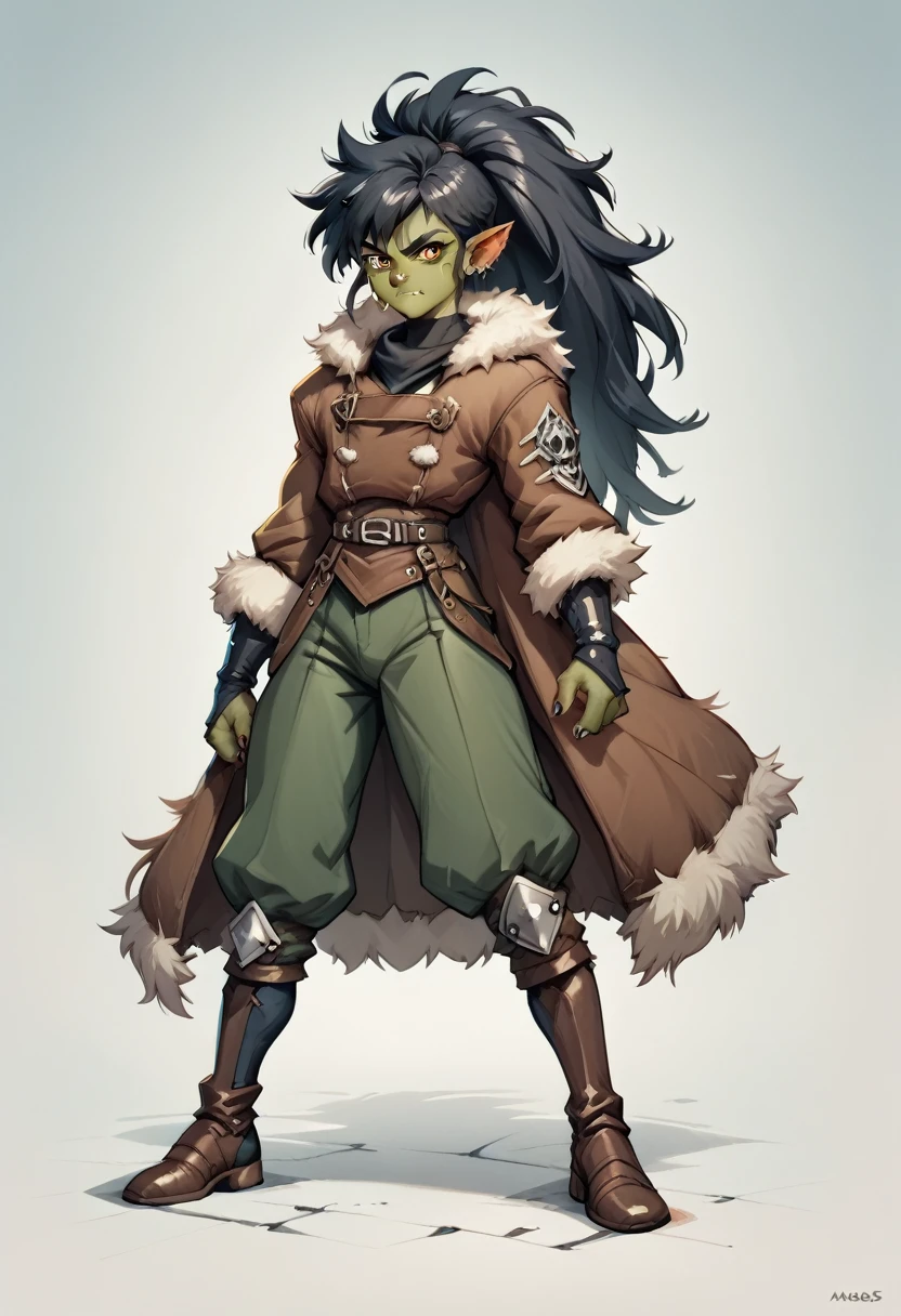  a Young adult berserker half orc jacked femboy dnd marauder jade skin, equipped with a black blade curse sword,thick,adventurer suit,fur coat in an 90’s style. He’s a young man with long hair,long ponytail messy hair, a serious expression,dynamic poses.The scene has a adventurous,dark mood,Lodoss war/planescape torment/Berserk style and a vibrant tone.