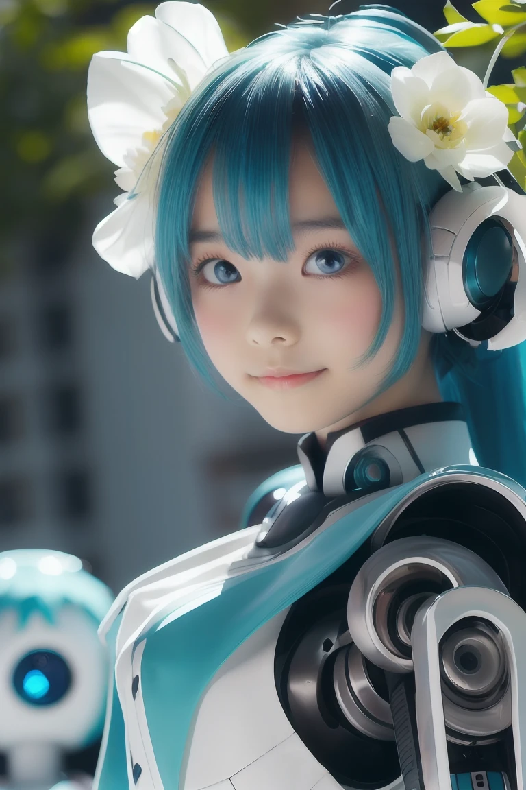 (masterpiece, Highest quality:1.4), Attention to detail, Detailed Background,Dramatic lighting, One person, cute, (Vocaloid), ((hatsune miku)), ((Turquoise Hair)), (Long Hair), (pastel colour:0.9), (Blue beautiful eyes), (Gradient Hair), (Gradient Eye), (((masterpiece, Highest quality, Volumetric lighting, Dynamic pose, An exquisitely crafted face))), ((Perfect Eyes)), (((Looking at the audience))), ((summer)), ((Perfect detail)), ((Particles of light)), ((scenery)), ((garden)), ((figure, beautiful)), Flowers covering one eye, ((Robot Dress)),