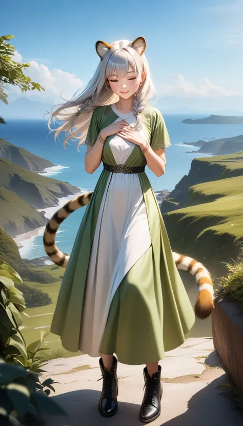 green dress short sleeves black boots, tny-atla, closed eyes,tail, bracelets, full body, solo, 1girl, outdoors, masterpiece, bes...