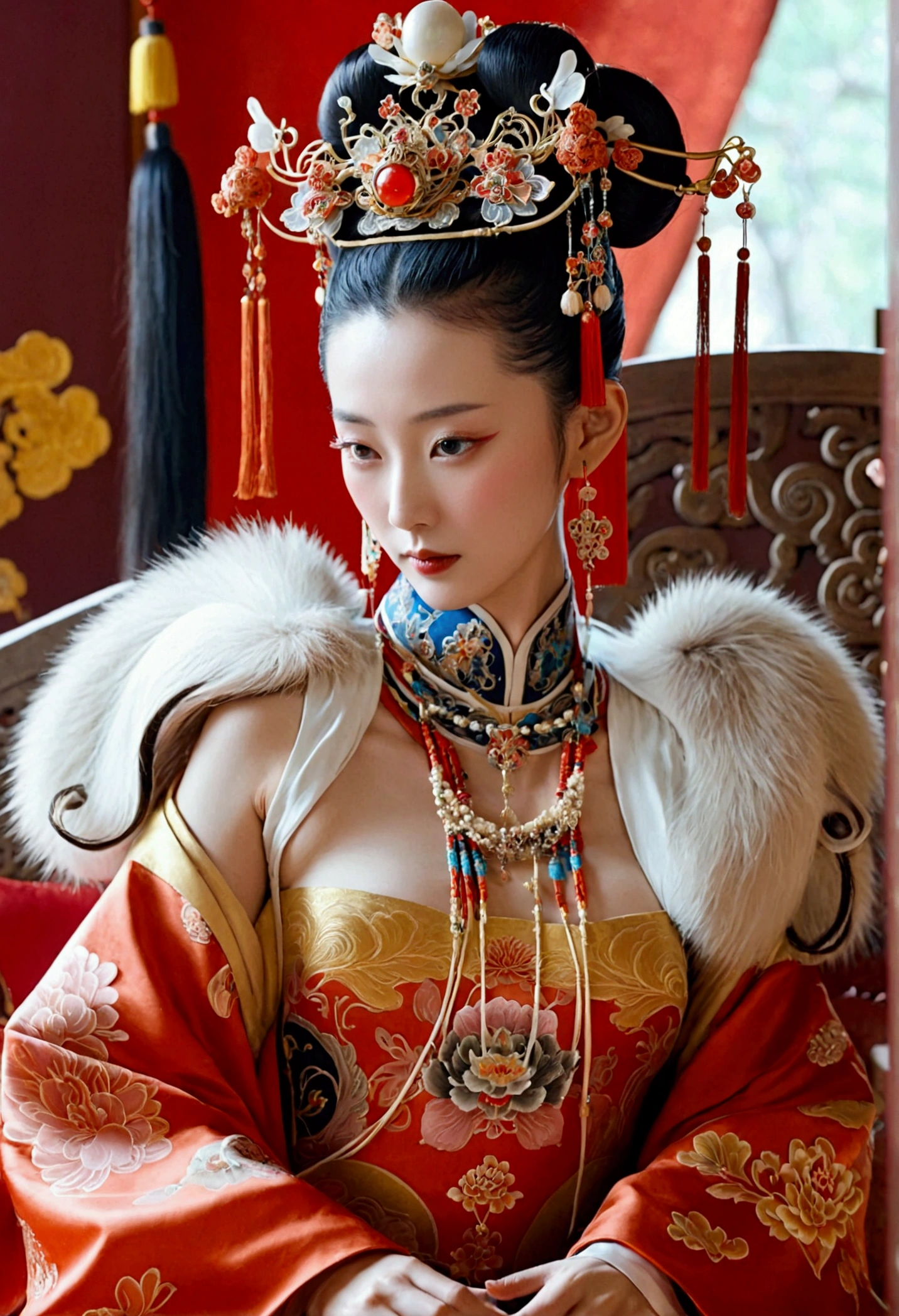 A lavishly adorned female emperor of the Qing Dynasty, sitting naked on a massive throne, with large breasts.（Porn Pose） A gorgeous Chinese imperial empress with her hair tied on both sides and wearing a crown、Background of kinky and erotic woman tying her hair、The story is set in the luxurious rooms of an empress in the Chinese imperial court during the Qing dynasty.。