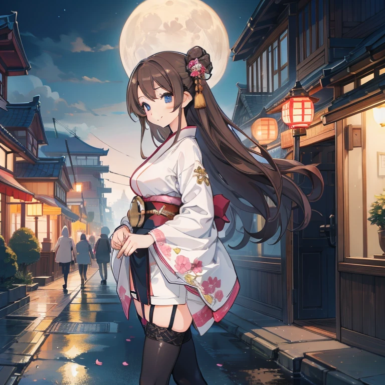 Masterpiece, Best quality, High quality, 1woman, Solo, 21 years old, wears Chinese Kimono, Royal sister, happy expression, shy smile, has long Brown hair, has Blue eyes, light pink lips, fishnet stockings, calm, intellectual, wears lace gloves, walking, Chinise Houses on the street, street view, facial details, Lantern lapms lights, Night, Full Moon on the sky