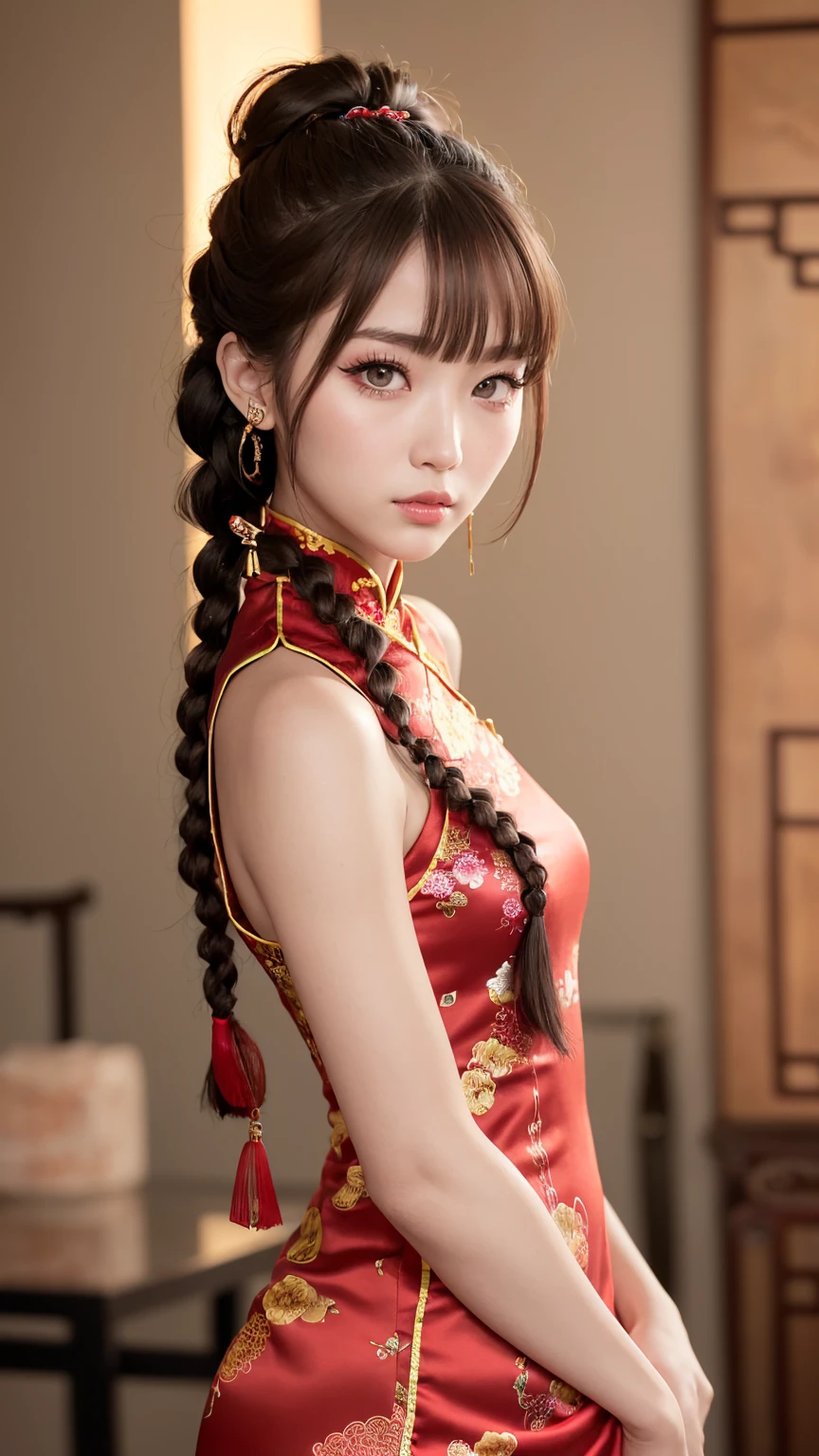 Realistic, masterpiece, Highest quality, Highest Resolution, Anatomically correct, Accurate Anatomy, 7 heads, Height: 165cm, One Japanese woman, Staring at the audience, Open your mouth and laugh, Staring at the audience, Fine and beautiful eyes, Sparkling eyes, Thin eyebrows, Gives lashes a delicate finish, False eyelashes, (Chinese traditional makeup:1.2), (Braided hair, Blunt bangs, Brown Hair:1.2), Detailed face, Sharp Eyes, (Traditional Chinese Dress, Clothes that fit snugly to the body, Random Color:1.3), Upper body photo, Background like ink painting