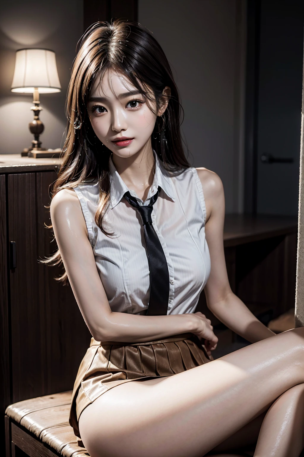 Best quality, masterpiece, ultra high res, raw photo, (photorealistic), 32k, UHD, DSLR, High Quality, High Resolution, extremely delicate and beautiful, Beautiful Lighting, Perfect Lightning, Realistic Shadows, Bokeh, perfect anatomy, perfect figure, BREAK an extremely cute and beautiful korean girl,18 years old, silky whited skin, (High Detail Skin:1.2), Realistic Face Proportions, Realistic beautiful face, Very small face, Realistic small beautiful eyes, Stunning brown eye for detail, double eyelids, long eyelashes, thin eyebrows, large tear bags, skinny body, ((large round breasts)), skinny waist, skinny arms, skinny legs, skinny thighs, ((large butt)), long hair, wavy hair, ((Korean idol hair)), (High Detail hair:1.2), BREAK sexy smile, blushing, looking at viewer, BREAK (high waist mini skirt), (dress shirt), (sleeveless, bare arms, bare legs, tight-fitting), ((office uniform)), (((sweat))), (((wet))), BREAK in hotel room