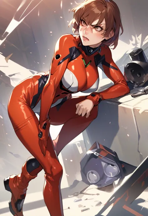 evangelion,asuka,realistic,angry look,big breasts,plug suit,whole body,defeated costume,