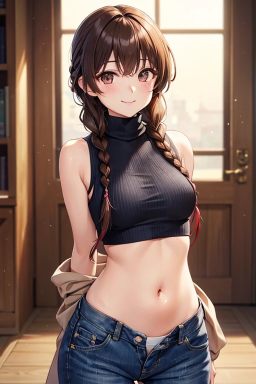 Yuno Shimazu、Shiny brown hair,Long Hair,  Hair that falls over the shoulders、(( Braid、Twin Blade)),Beautiful brown eyes、Sparkling eyes, Fine grain、smile、Ultra-detailed eyes、Highly detailed face, Highly detailed eyes,Cowboy Shot、

 
最high quality、High resolution, masterpiece, high quality, 最high quality, beautiful, Perfect lighting, very cute,
 alone, ((Sleeveless fitted turtleneck rib knit crop top、belly button))((Denim pants)), ,
  ((Mid-chest)), Wide Hips,  blush, smile, View your audience, , library, Place your arms behind your back,
