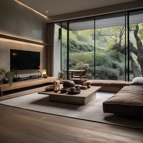 cinematic photo,mrares, ((wabi-sabi style:1.5)), (wabi-sabi_style:1.5), (zen:1.5),(wabi-sabi elements:1.3), modern living room, ...