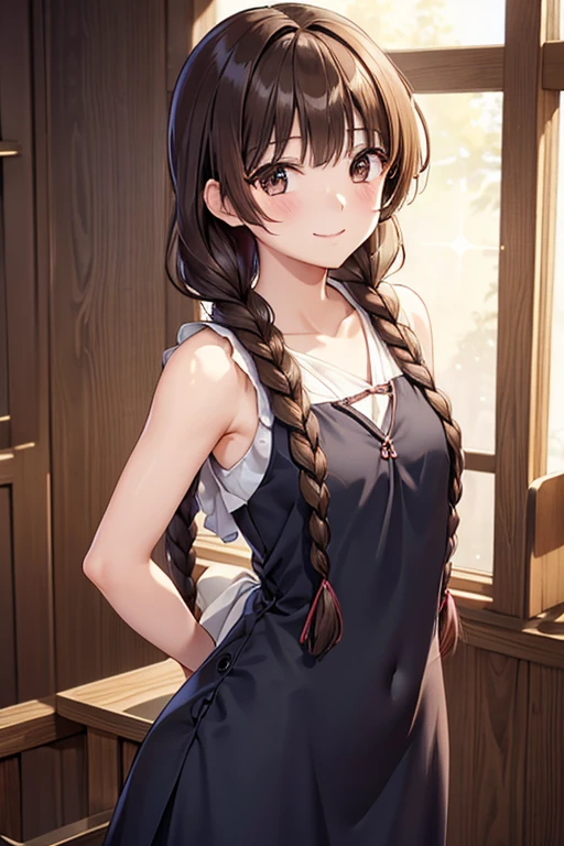 Yuno Shimazu、Shiny brown hair,Long Hair,  、((2 braids:1.5、Hair that falls over the shoulders)),Beautiful brown eyes、Sparkling eyes, Fine grain、smile、Ultra-detailed eyes、Highly detailed face, Highly detailed eyes,Cowboy Shot、

 
最high quality、High resolution, masterpiece, high quality, 最high quality, beautiful, Perfect lighting, very cute,
 alone, ((Sleeveless long dress))、,
  ((Mid-chest)), Wide Hips,  blush, smile, View your audience, , Department stores on weekends, Place your arms behind your back,

