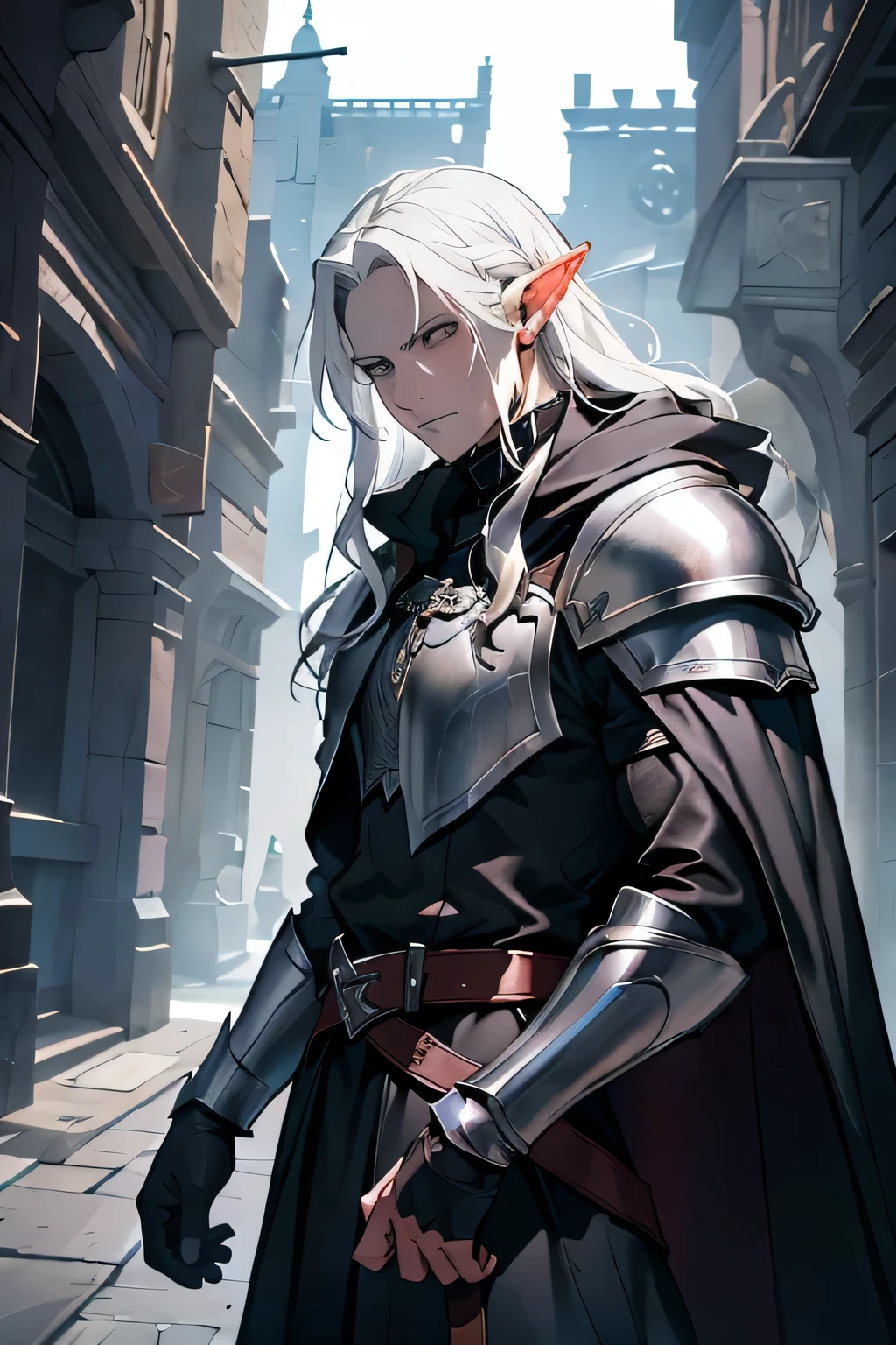 fancy, medieval times, A powerful Rogue Elf with long white hair, gray leather, pale skin, Blank white eyes. He wears a blue cloak, Leather armor and dark cape. Magic flows from your hands. Mascara around the eyes, Shadows under the eyes, A man in his 20s, stark, sold off, brutal