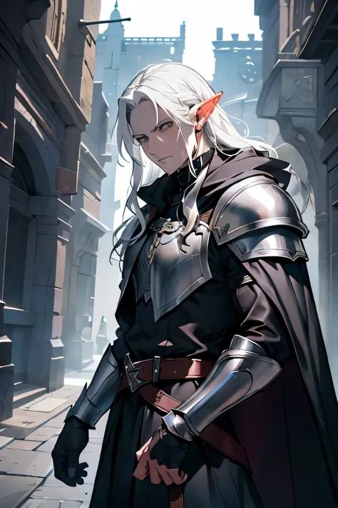 fancy, medieval times, a powerful rogue elf with long white hair, gray leather, pale skin, blank white eyes. he wears a blue clo...