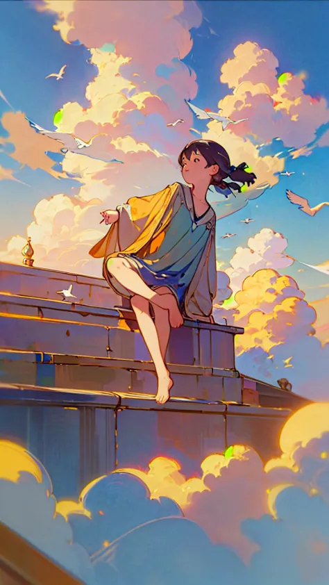 (1girl sitting on stairway to heaven), above the clouds, seas of clouds, ascending, ethereal, peaceful, graceful, innocent, hope...