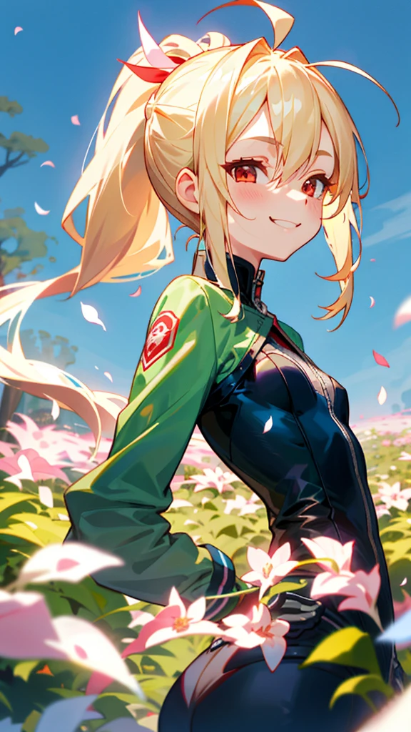 1 girl、Riders jacket、Small breasts、blonde、ponytail、Round red eyes、Ahoge、From the side、Wicked Smile、One beautiful, delicate portrait、The background scenery is a garden where petals are scattering.