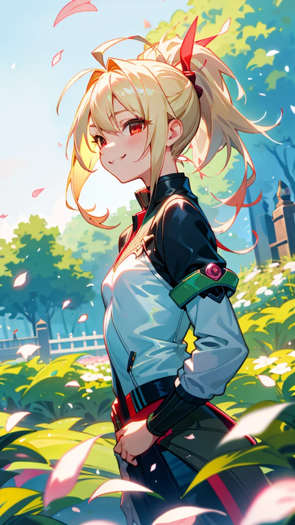 1 girl、Riders jacket、Small breasts、blonde、ponytail、Round red eyes、Ahoge、From the side、Wicked Smile、One beautiful, delicate portrait、The background scenery is a garden where petals are scattering.