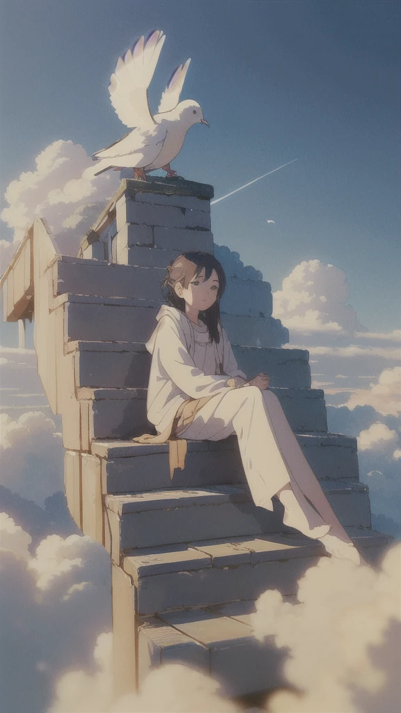 (1girl sitting on stairway to heaven), above the clouds, seas of clouds, ascending, ethereal, peaceful, graceful, innocent, hopeful, pure, dove,
post-impressionist, impressionism,