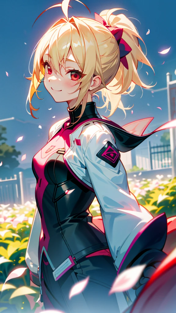 1 girl、Riders jacket、Small breasts、blonde、ponytail、Round red eyes、Ahoge、From the side、Wicked Smile、One beautiful, delicate portrait、The background scenery is a garden where petals are scattering.