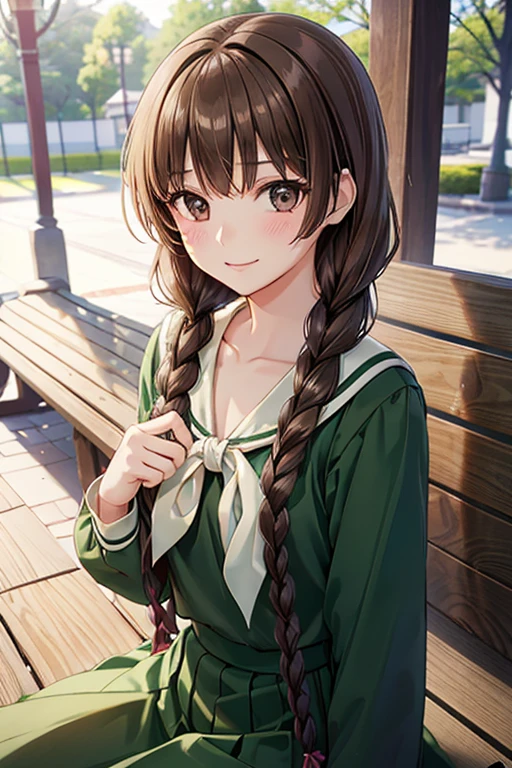 Yuno Shimazu、Shiny brown hair,Long Hair,  、((2 braids:1.5、Hair that falls over the shoulders)),Beautiful brown eyes、Sparkling eyes, Fine grain、smile、Ultra-detailed eyes、Highly detailed face, Highly detailed eyes,Cowboy Shot、

 
最high quality、High resolution, masterpiece, high quality, 最high quality, beautiful, Perfect lighting, very cute,
 alone,  school uniform, Sailor collar, neckerchief, Green Shirt, Sailor shirt, Long sleeve, Green Skirt, Long skirt, 
  ((Mid-chest)), Wide Hips,  blush, smile, View your audience,Park during the day ,Sit on a bench