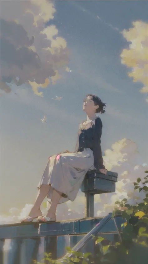 (1girl sitting on stairway to heaven), above the clouds, seas of clouds, ascending, ethereal, peaceful, graceful, innocent, hope...