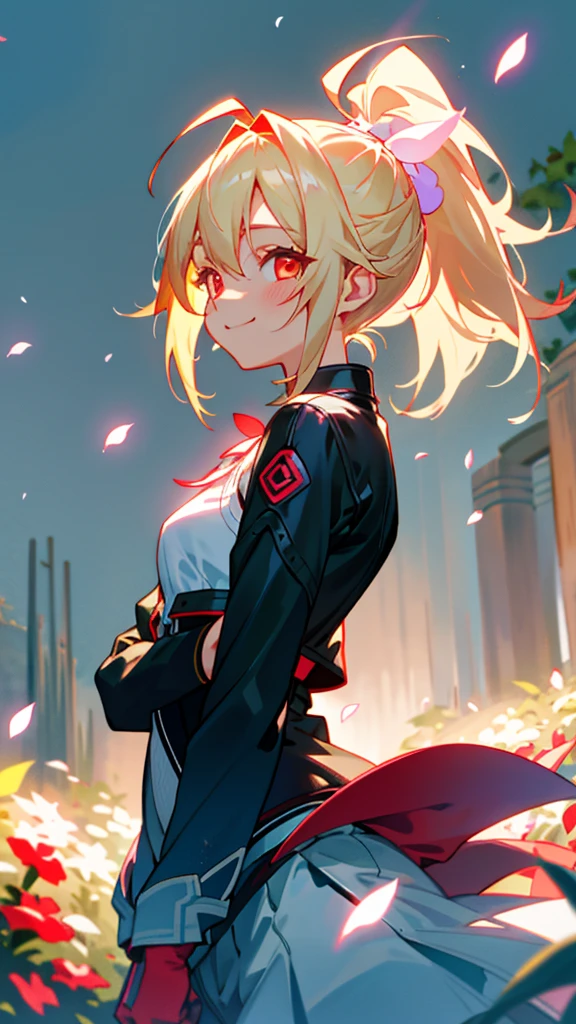 1 person、Riders jacket、Small breasts、blonde、ponytail、Glowing red eyes、Ahoge、From the side、smile、1 beautiful and delicate portrait、The background scenery is a garden where petals are scattering.