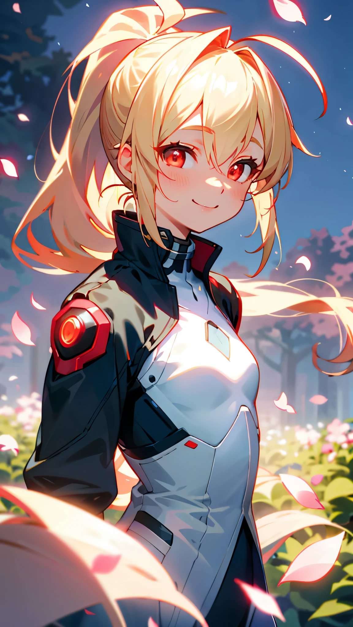 1 person、Riders jacket、Small breasts、blonde、ponytail、Glowing red eyes、Ahoge、From the side、smile、1 beautiful and delicate portrait、The background scenery is a garden where petals are scattering.