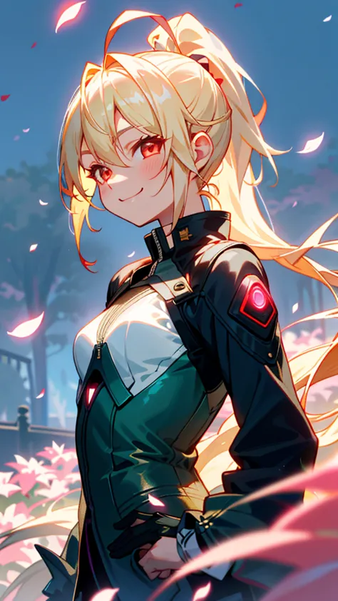 1 person、riders jacket、small breasts、blonde、ponytail、glowing red eyes、ahoge、from the side、wicked smile、1 beautiful and delicate ...