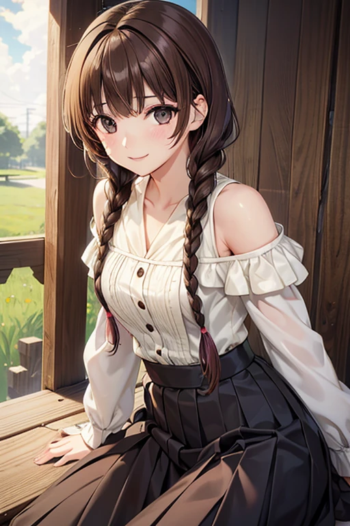 Yuno Shimazu、Shiny brown hair,Long Hair,  、((2 braids:1.5、Hair that falls over the shoulders)),Beautiful brown eyes、Sparkling eyes, Fine grain、smile、Ultra-detailed eyes、Highly detailed face, Highly detailed eyes,Cowboy Shot、

 

masterpiece, Highest quality, High resolution,  shorrt hair, Black Shirt, Fits perfectly to the skin, brorwn skirt, clorthes arorund waist,  Sitting, wariza, :or, Grass, Field,