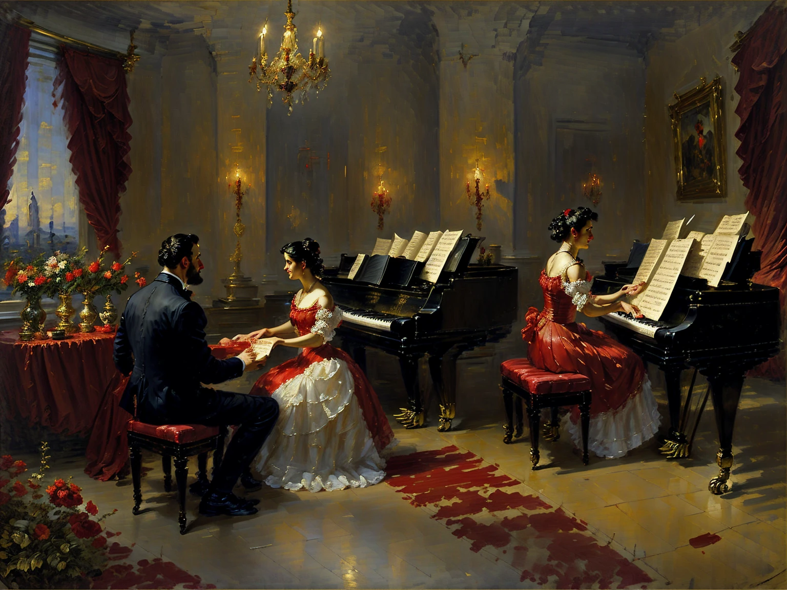 painting of a man and woman playing a piano in a red room, virtuosic painting, by Antonio Ciseri, by Robert Peak, by Morris Kestelman, inspired by Antonio Ciseri, by Alexander Mann, pianist, inspired by Franz Xaver Winterhalter, classical artwork, krenzcushart, elegant oil painting, by Harrington Mann, masterful composition!!!