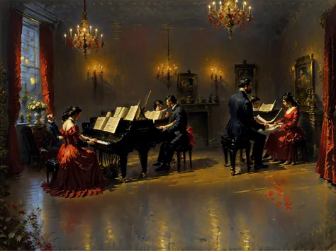 painting of a man and woman playing a piano in a red room, virtuosic painting, by antonio ciseri, by robert peak, by morris kest...