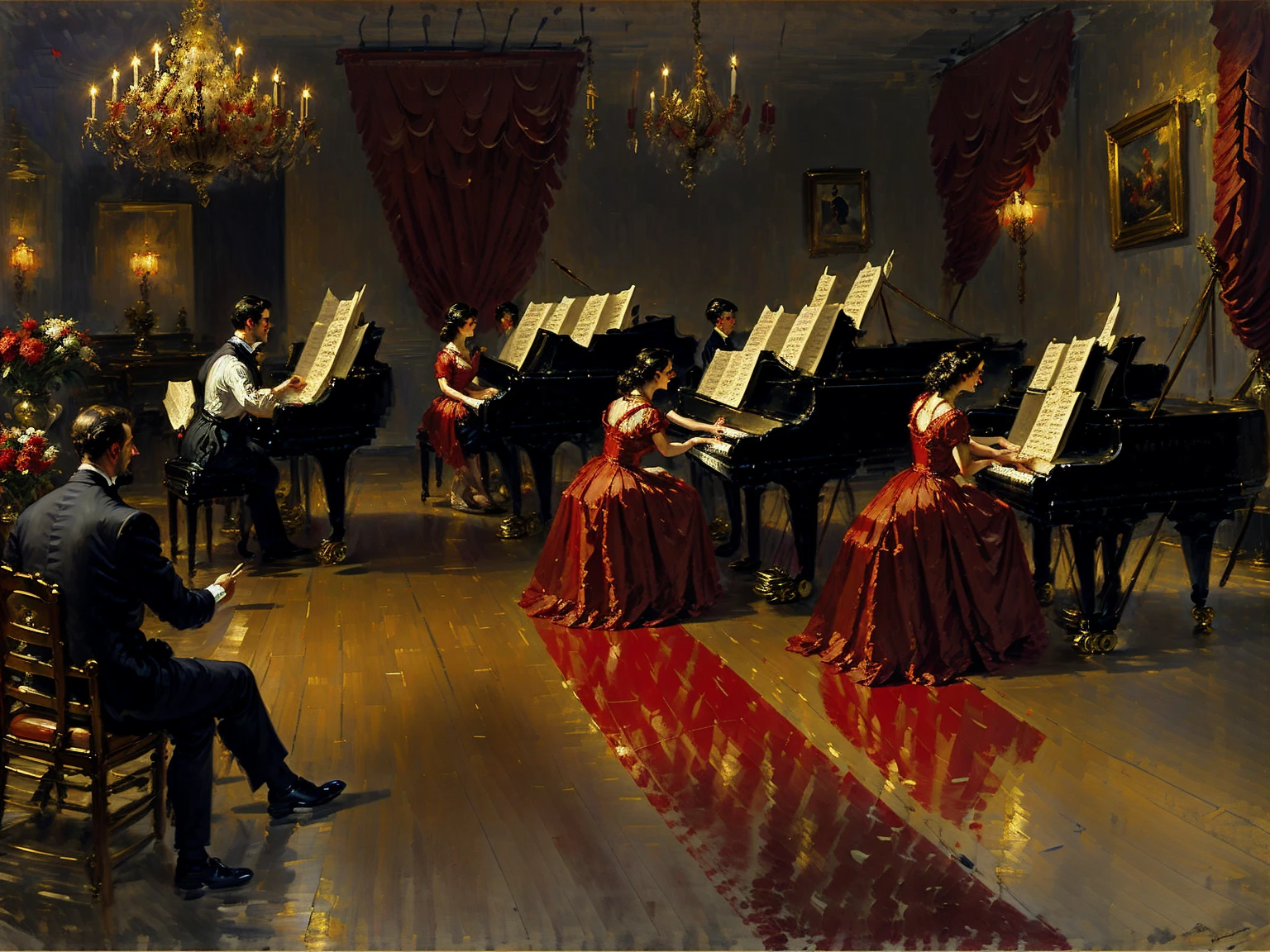 painting of a man and woman playing a piano in a red room, virtuosic painting, by Antonio Ciseri, by Robert Peak, by Morris Kestelman, inspired by Antonio Ciseri, by Alexander Mann, pianist, inspired by Franz Xaver Winterhalter, classical artwork, krenzcushart, elegant oil painting, by Harrington Mann, masterful composition!!!