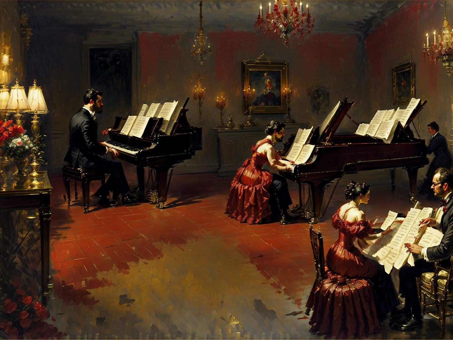 painting of a man and woman playing a piano in a red room, virtuosic painting, by Antonio Ciseri, by Robert Peak, by Morris Kestelman, inspired by Antonio Ciseri, by Alexander Mann, pianist, inspired by Franz Xaver Winterhalter, classical artwork, krenzcushart, elegant oil painting, by Harrington Mann, masterful composition!!!