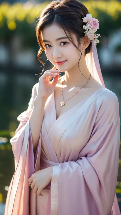 superb quality, masterpiece, high resolution, 1girl, blush, (seductive smile: 0.8), star pupil, chinese hanfu lilac, hair access...