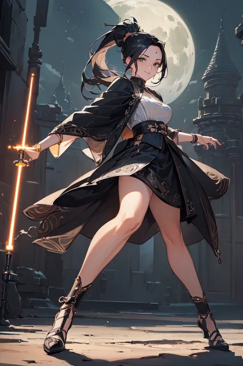 ((((high resolution, intricate details, masterpiece, 8k)))), (((beautiful, lightsabers))), ((one woman, full body, fighting pose...