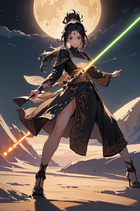 ((((high resolution, intricate details, masterpiece, 8k)))), (((beautiful, lightsabers))), ((one woman, full body, fighting pose...