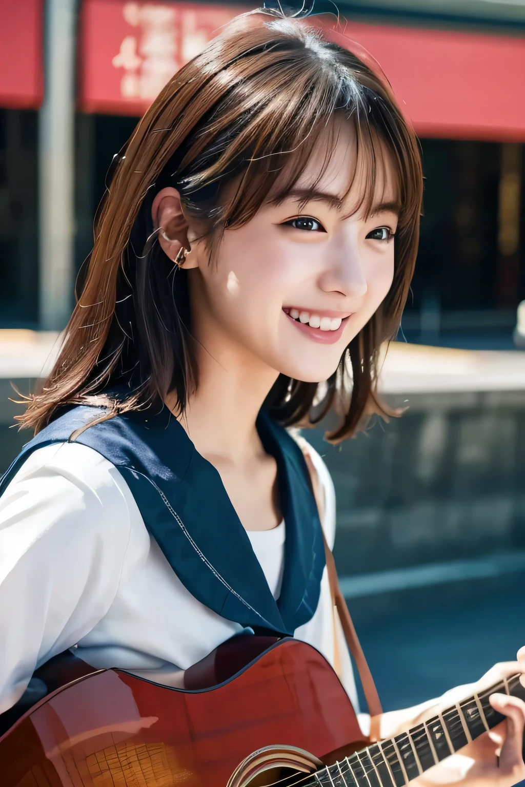 (Beautiful girl playing guitar:1.3), (Highest quality:1.4), (Very detailed), (Very detailed美しい顔), Laughing with your mouth open, (Baby Face:1.3), School uniforms, Short-sleeved sailor suit, Take a seat, Great face and eyes, iris, Medium Hair, The Beauty of Japan, (Skinny body type:1.3), (Flat Chest:1.3), (Face close-up:1.2), The square in front of the station, Passers-by behind, Smooth, Very detailed CG synthesis 8k wallpaper, High-resolution RAW color photos, Professional photography, Light, BackLight, dream-like, impressive, Written boundary depth, In front of the station, (Shot from afar and to the side:1.3)