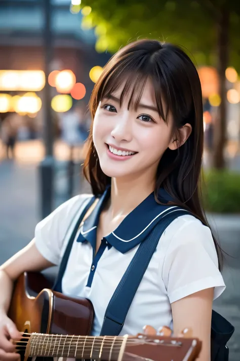 (beautiful girl playing guitar:1.3), (highest quality:1.4), (very detailed), (very detailed美しい顔), laughing with your mouth open,...