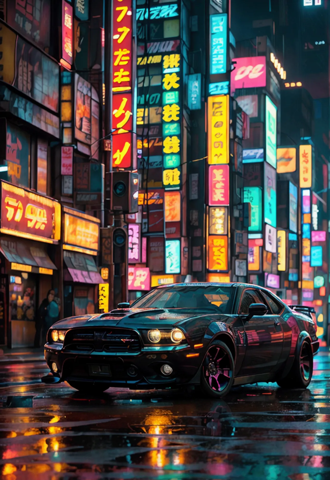 dodge glistening under neon lights in a bustling tokyo street. the car's contours catch reflections from vibrant signs and adver...