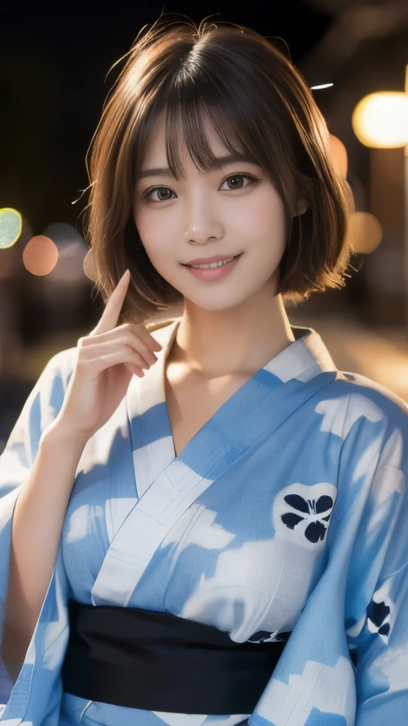 8k,Highest quality,(masterpiece:1.2),(Realistic),(Realistic:1.37),Ultra-high resolution,1 female college student,Fireworks display,night,smile,Beautiful Eyes,(((Cute Yukata))),Perfect body,Perfect Fingers,Professional Lighting,gravure,Detailed face and skin texture,fine grain,RAW Photos