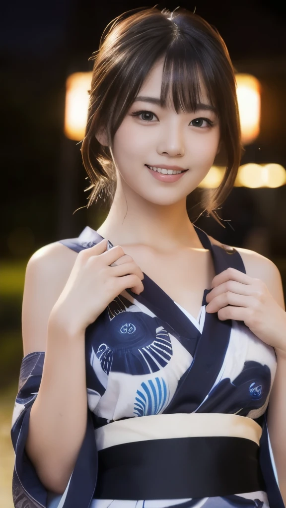 8k,Highest quality,(masterpiece:1.2),(Realistic),(Realistic:1.37),Ultra-high resolution,1 female college student,Fireworks display,night,smile,Beautiful Eyes,(((Cute Yukata))),Perfect body,Perfect Fingers,Professional Lighting,gravure,Detailed face and skin texture,fine grain,RAW Photos