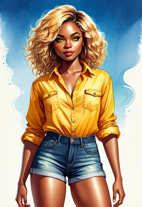 watercolor illustration of a black woman with blonde hair and a yellow blouse standing in denim shorts in digital illustration s...