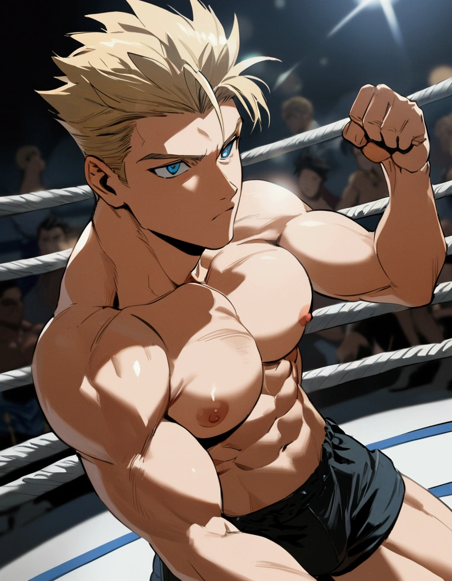 1guy, solid dude, gallant beau, blonde, tsurime, sanpaku, blue eyes, spiked hair, 24yo, heavy weight muscular, handsome westler, BREAK ideal ratio body proportions, stocky waist, sharp eyes, beautiful detailed eyes, toned body, elder chinpira, dark pupil, masculine playboy, BREAK solo, topless, black wrestling bikini, nipples, abs, fighting stance, on wrestling ring, detailed background, hollywood action, BREAK upperlegs focus, dramatic expression, 1990s, in capcom art style, in color comic style, in game illustration style, depth of field, dutch angle, cinematic shadows, cinematic lighting, lens flare, light leaks, VHS Quality, texture, absurdres absolutely resolution, extreme all detailed, greatest painting, BREAK masterpiece, best quality