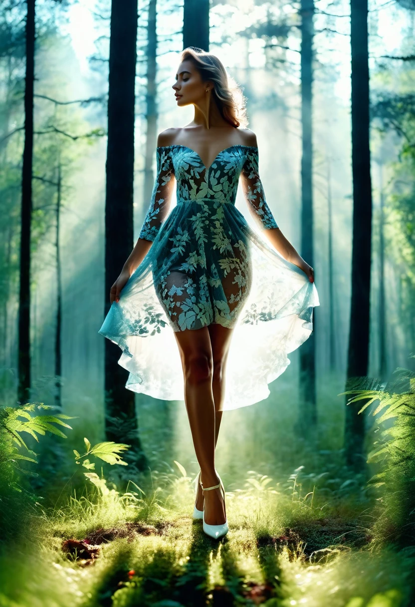 8 K (masterpiece), ((top quality)), (super detailed),
 close up side silhouette of beautiful woman full length, Beautiful legs,shoes,  standing in the middle of the forest,  double exposure of forest and light on the whole dress